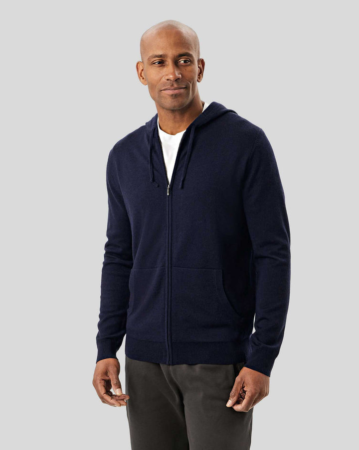 Navy Blue Pure Merino Hooded Zip Through