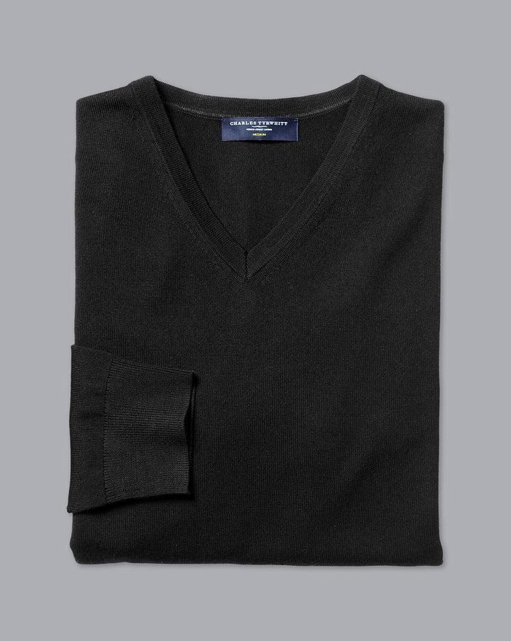 Black Pure Merino V Neck Jumper
