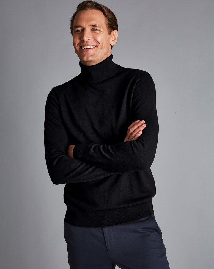 Black Pure Merino Roll Neck Jumper