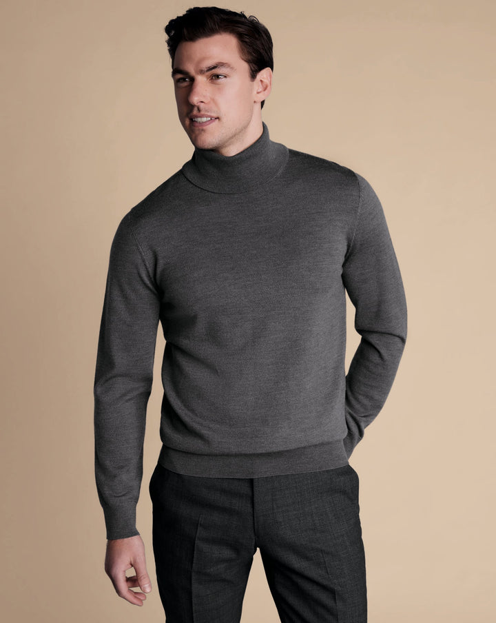 Grey Pure Merino Roll Neck Jumper