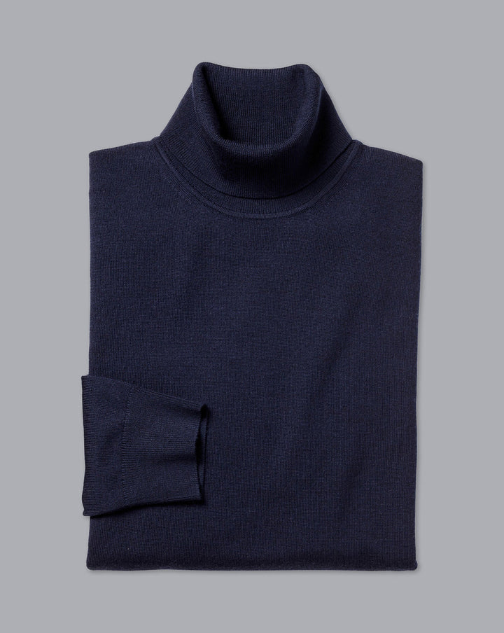 Navy Blue Pure Merino Roll Neck Jumper