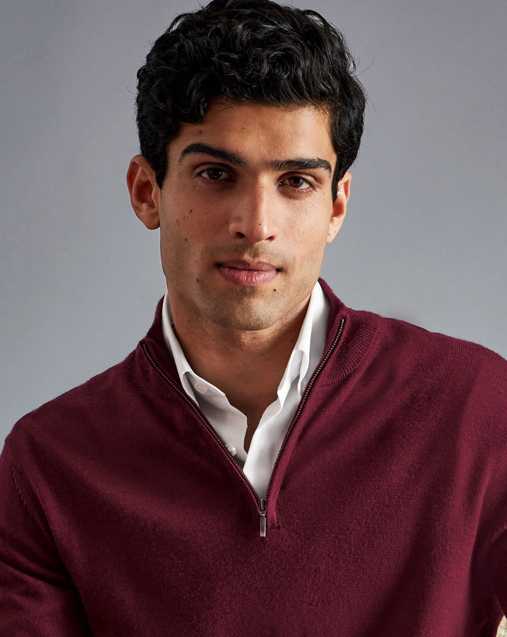 Charles Tyrwhitt Burgundy Red Pure Merino Zip Neck Jumper
