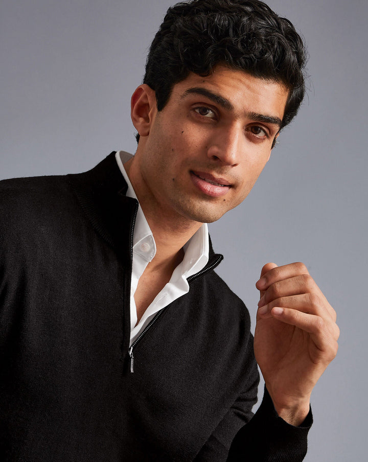Black Pure Merino Zip Neck Jumper