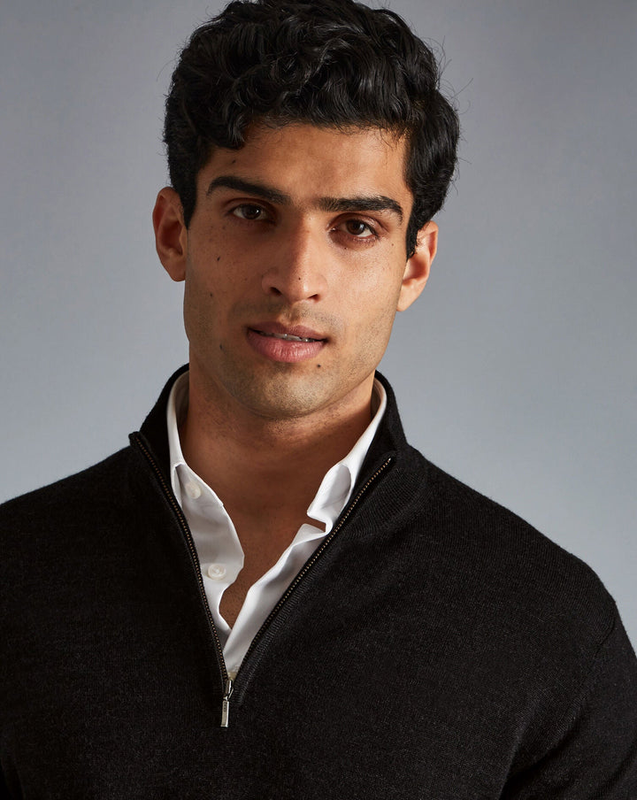 Charles Tyrwhitt Charcoal Grey Pure Merino Zip Neck Jumper