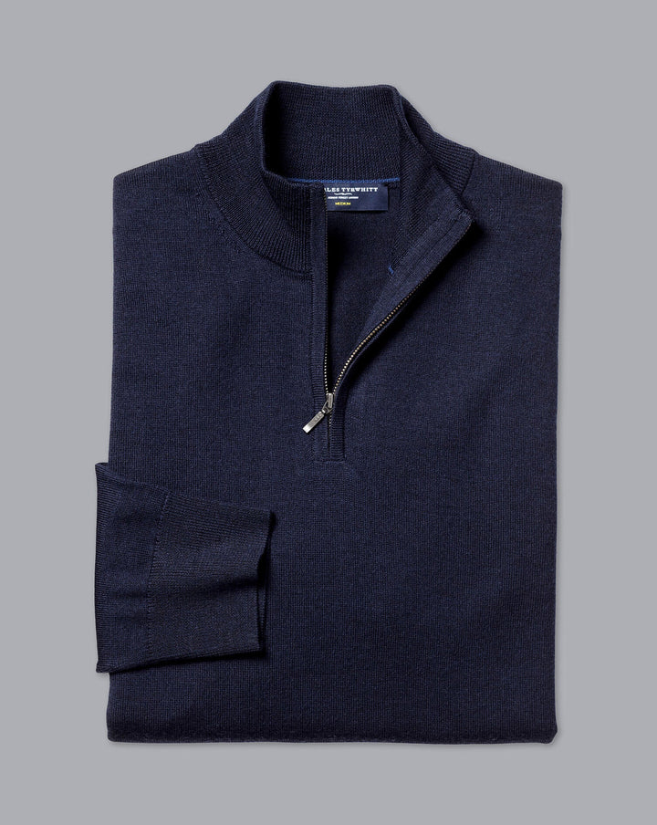 Navy Blue Pure Merino Zip Neck Jumper