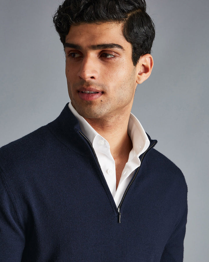 Navy Blue Pure Merino Zip Neck Jumper