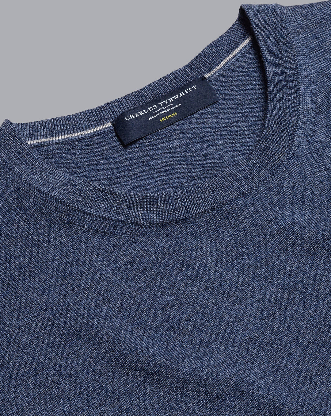 Indigo Blue Melange  Pure Merino Crew Neck Jumper