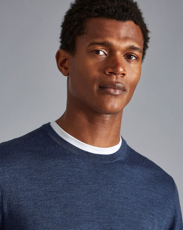 Indigo Blue Melange  Pure Merino Crew Neck Jumper