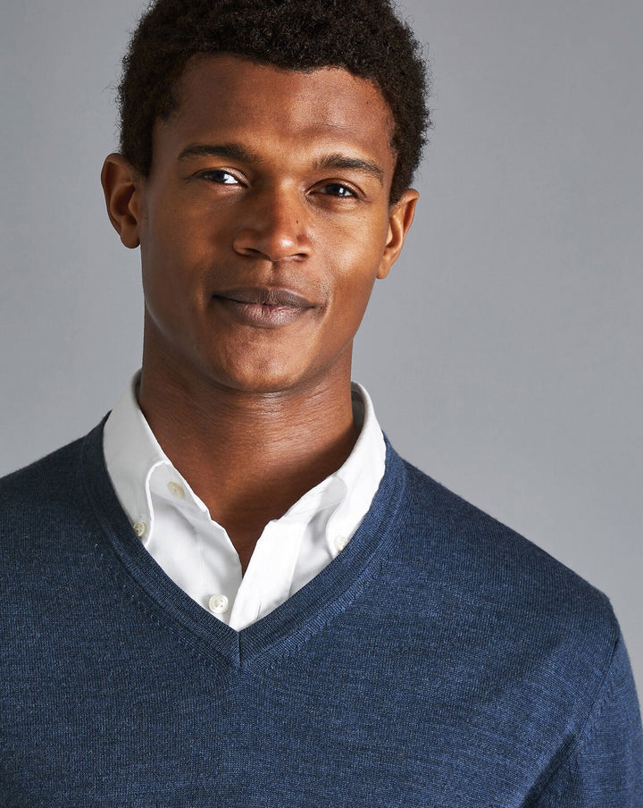 Charles Tyrwhitt Indigo Blue Melange Pure Merino V Neck Jumper