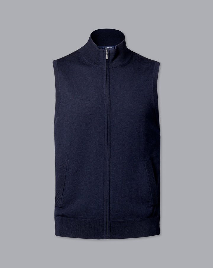 Navy Blue Pure Merino Zip Gilet