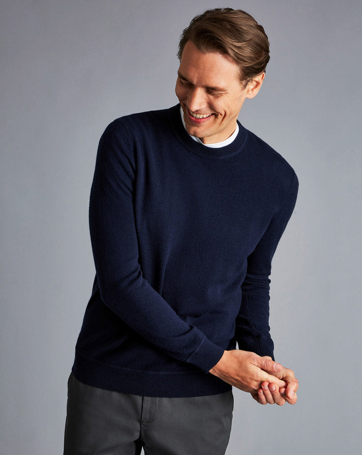 Navy Blue Merino/Cashmere Crew Neck Jumper