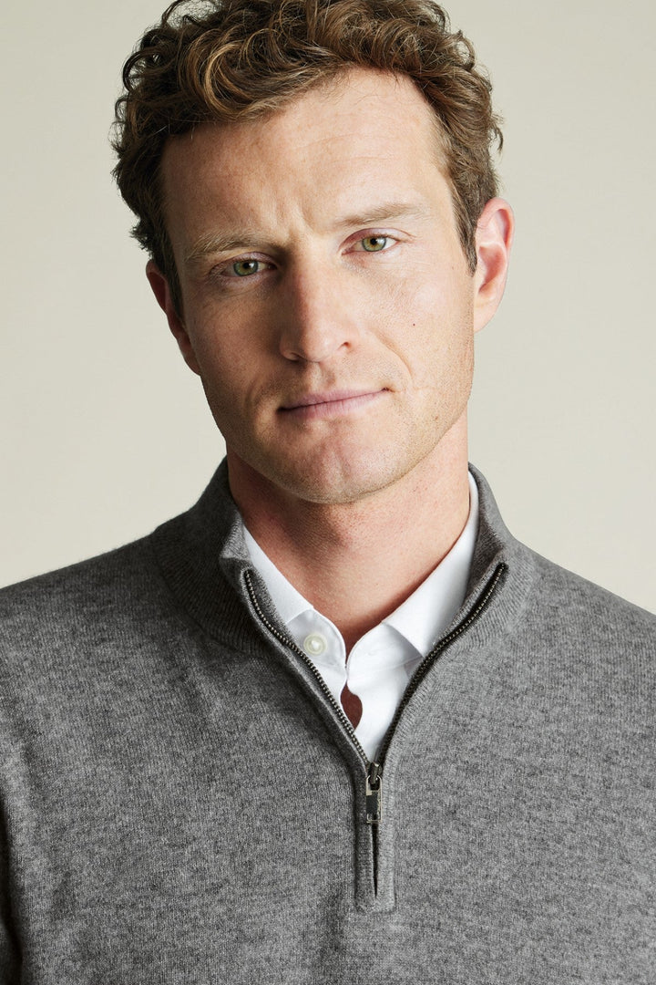 Grey Pure Cashmere Zip Neck Jumper