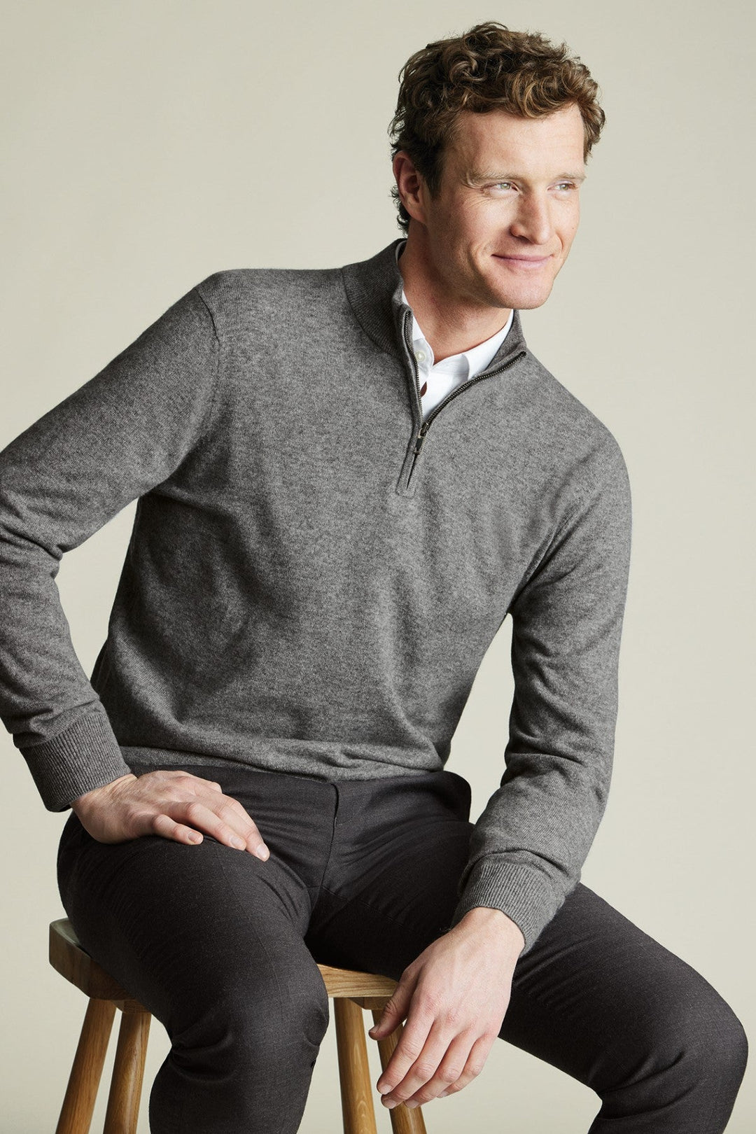 Grey Pure Cashmere Zip Neck Jumper