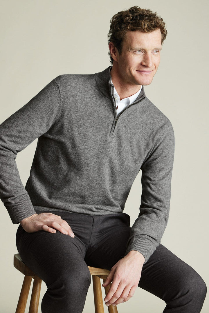 Grey Pure Cashmere Zip Neck Jumper