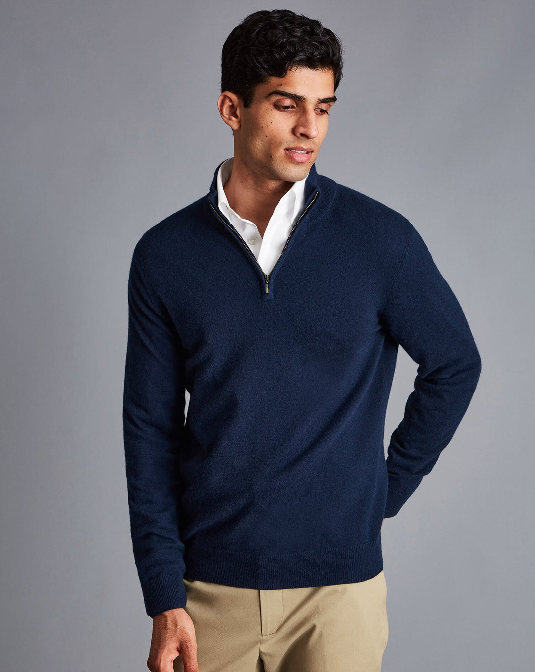 Navy Blue Pure Cashmere Zip Neck Jumper