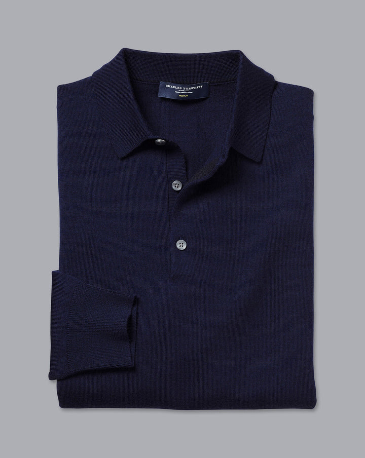 Navy Blue Pure Merino Polo Neck Jumper