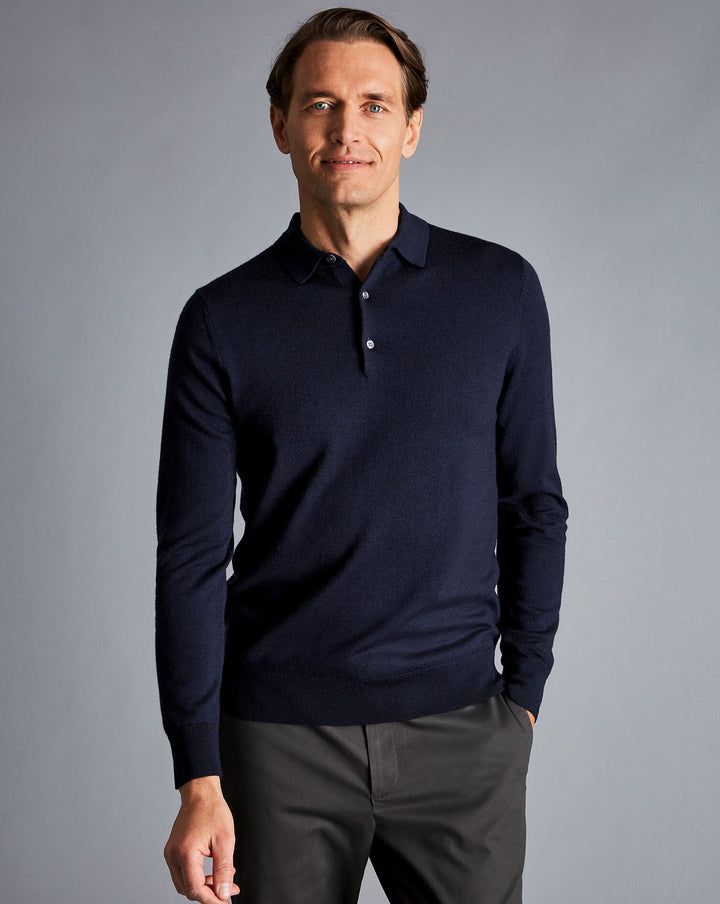 Navy Blue Pure Merino Polo Neck Jumper