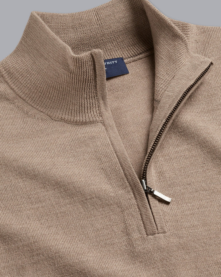 Oatmeal Pure Merino Zip Neck Jumper