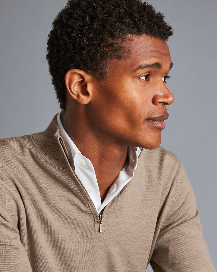 Oatmeal Pure Merino Zip Neck Jumper