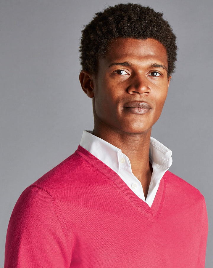 Bright Pink Pure Merino V Neck Jumper