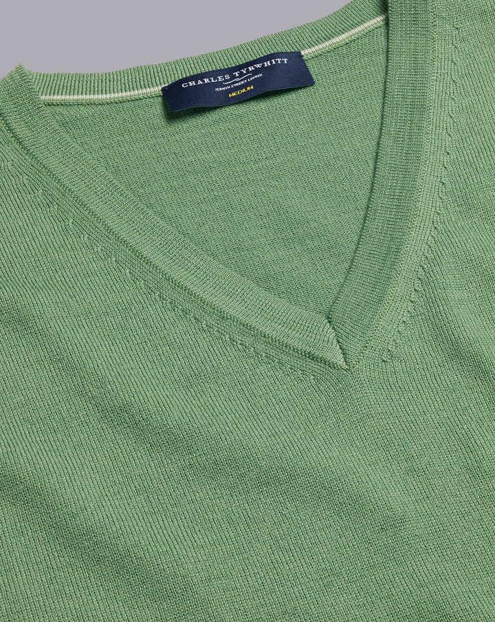 Green Pure Merino V Neck Jumper