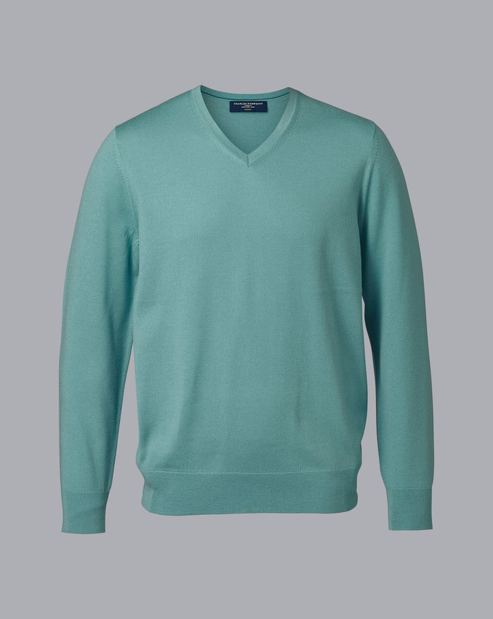 Aqua Green Pure Merino V Neck Jumper