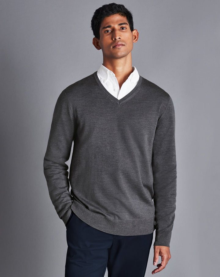 Charles Tyrwhitt Grey Pure Merino V Neck Jumper