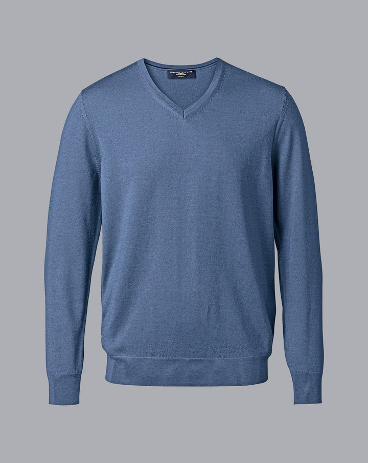 Steel Blue Pure Merino V Neck Jumper