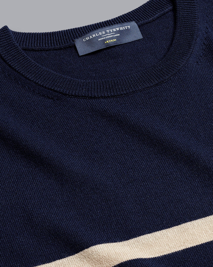 Navy Blue And Stone Pure Merino Striped Crew Neck Jumper