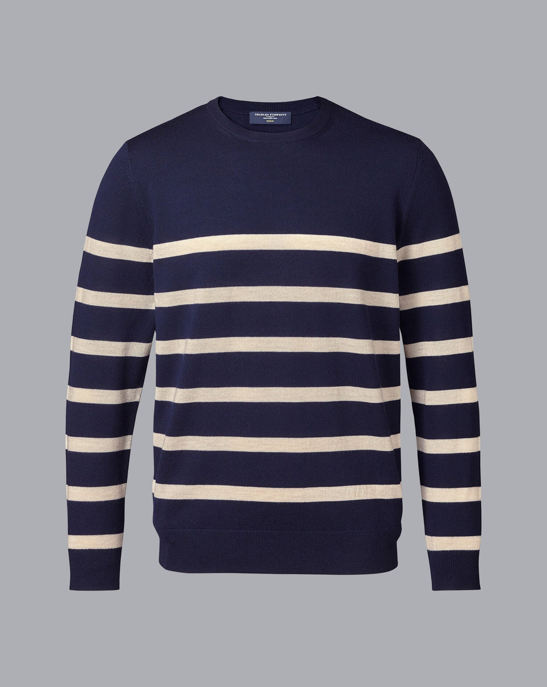 Navy Blue And Stone Pure Merino Striped Crew Neck Jumper