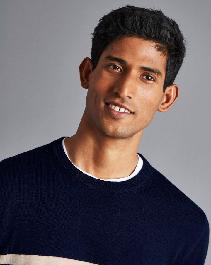 Navy Blue And Stone Pure Merino Striped Crew Neck Jumper