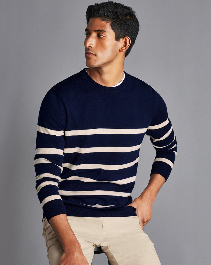 Navy Blue And Stone Pure Merino Striped Crew Neck Jumper