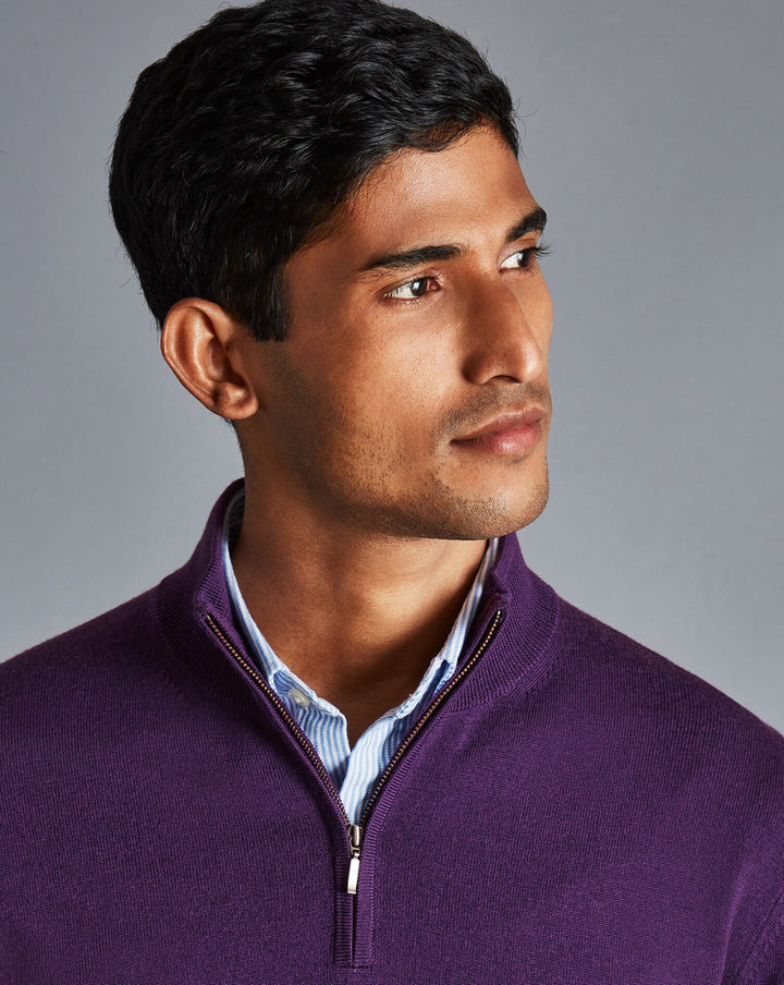 Charles Tyrwhitt Purple Pure Merino Zip Neck Jumper