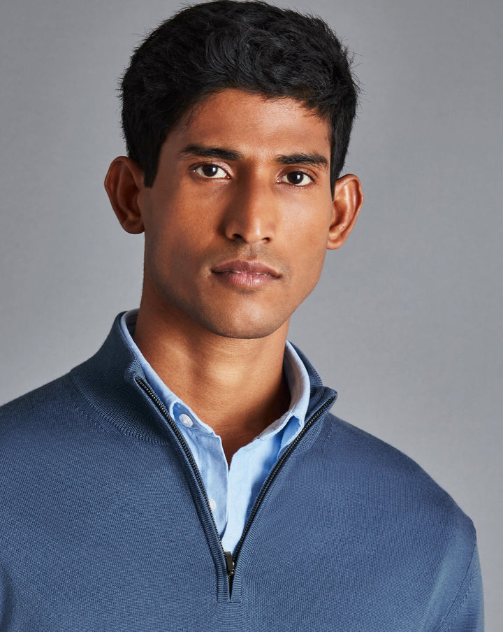 Charles Tyrwhitt Steel Blue Pure Merino Zip Neck Jumper