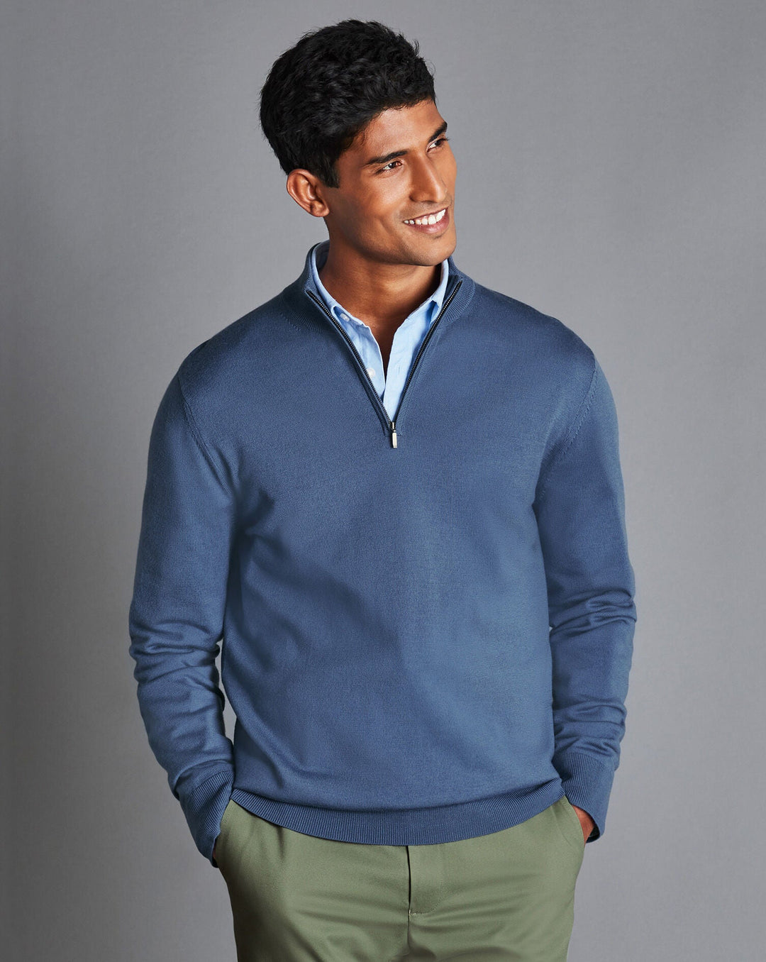 Charles Tyrwhitt Steel Blue Pure Merino Zip Neck Jumper