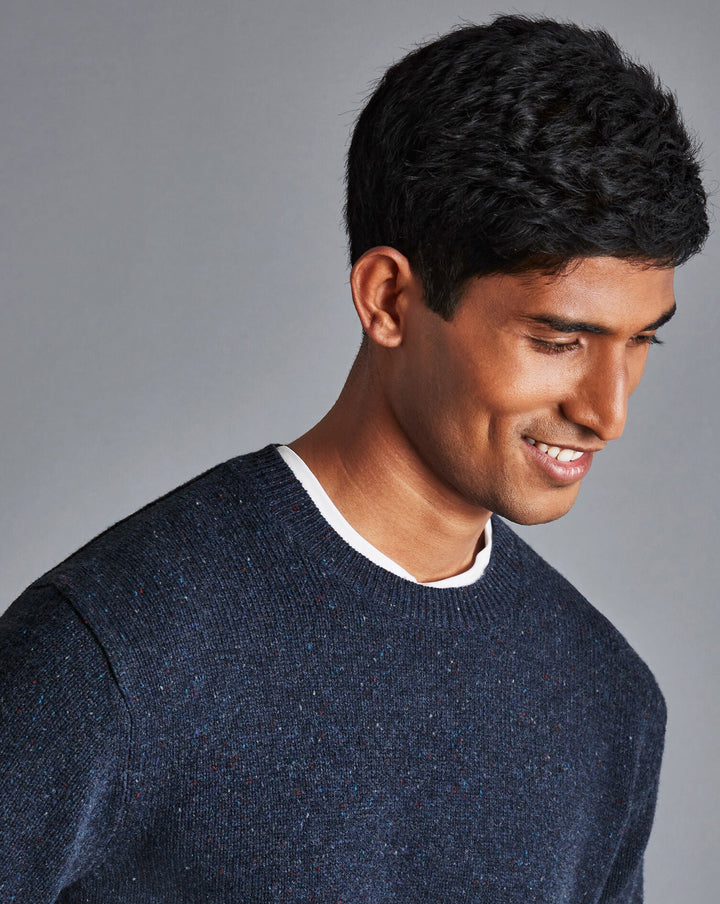 Navy Blue Chunky Merino Donegal Crew Neck Jumper