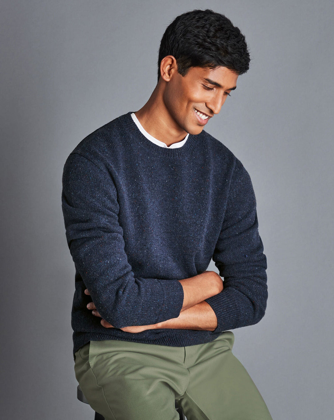 Navy Blue Chunky Merino Donegal Crew Neck Jumper