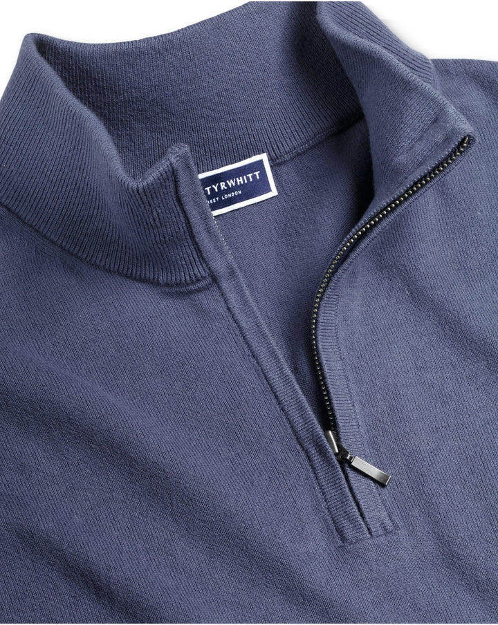 Heather Blue Combed Cotton Zip Neck Jumper