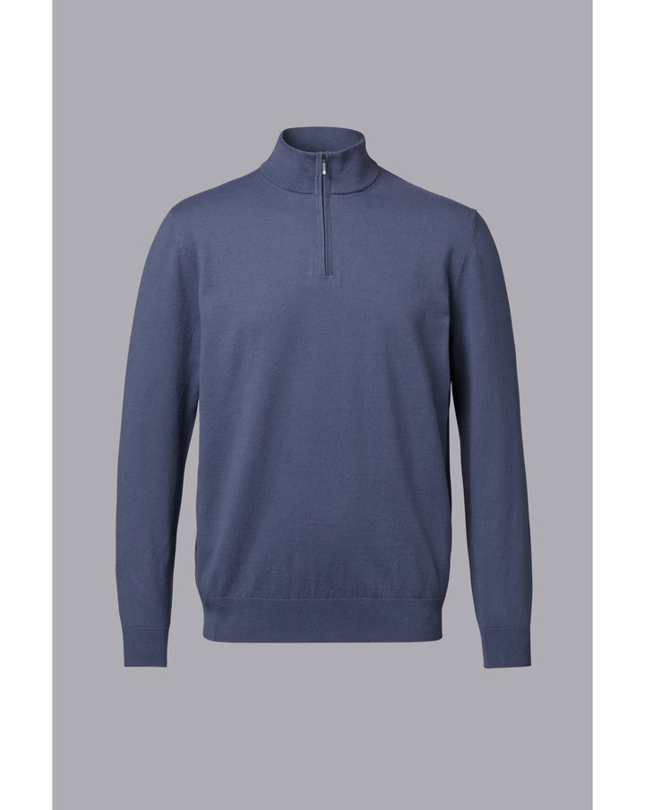 Heather Blue Combed Cotton Zip Neck Jumper