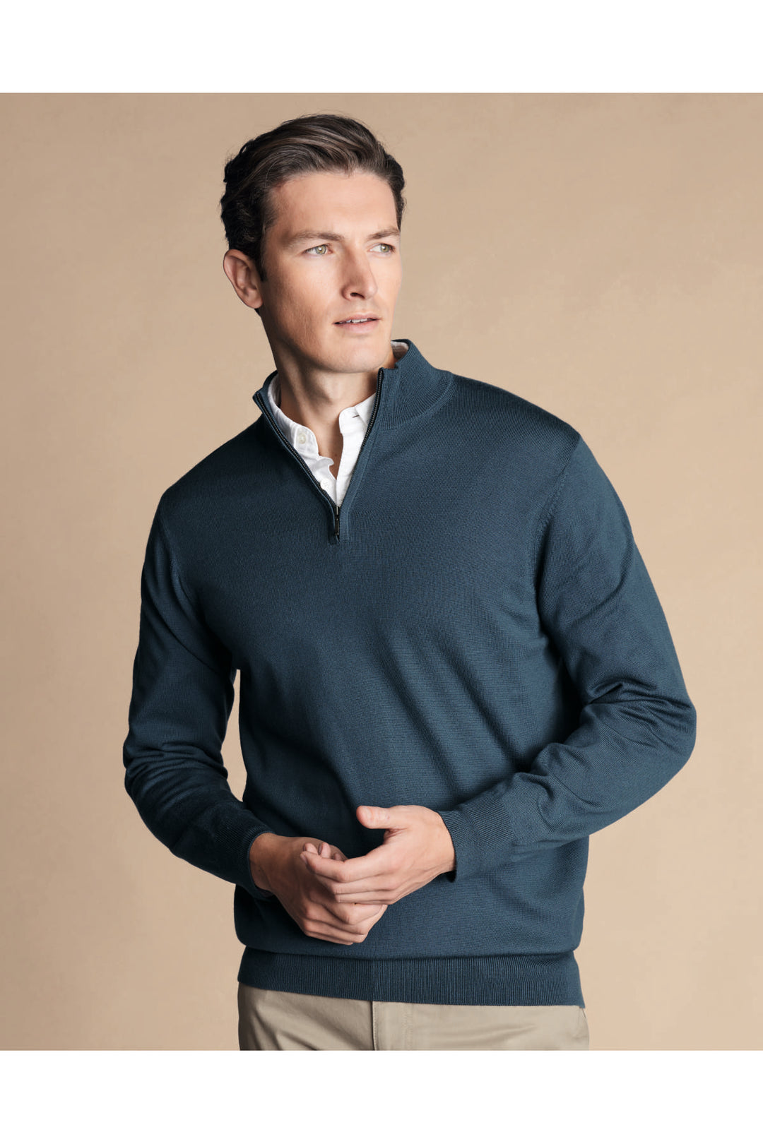 Petrol Blue Merino Zip Neck Jumper