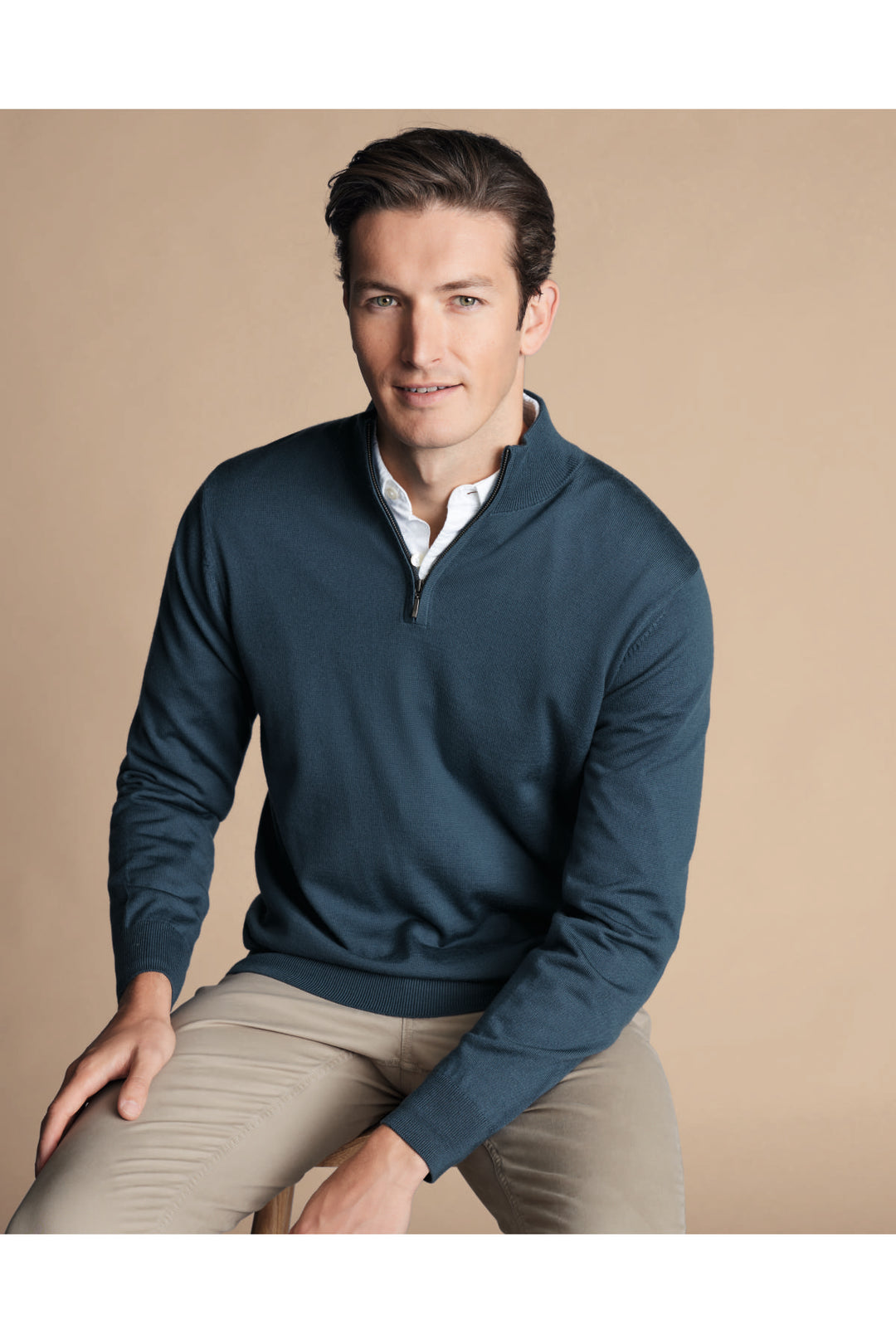 Petrol Blue Merino Zip Neck Jumper