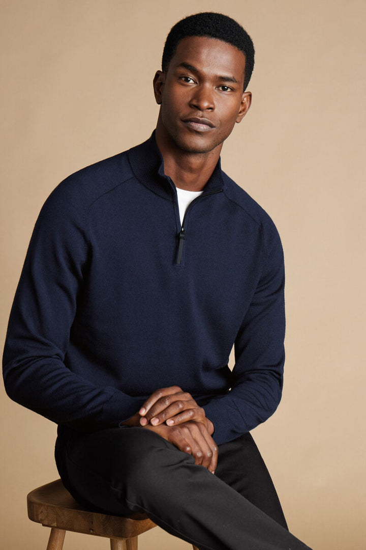 Navy Blue Performance Merino Zip Neck Jumper