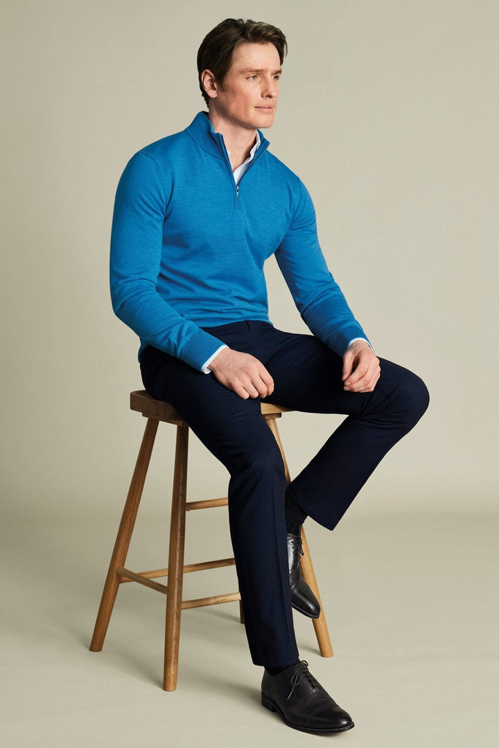 Bright Blue Merino Zip Neck Jumper