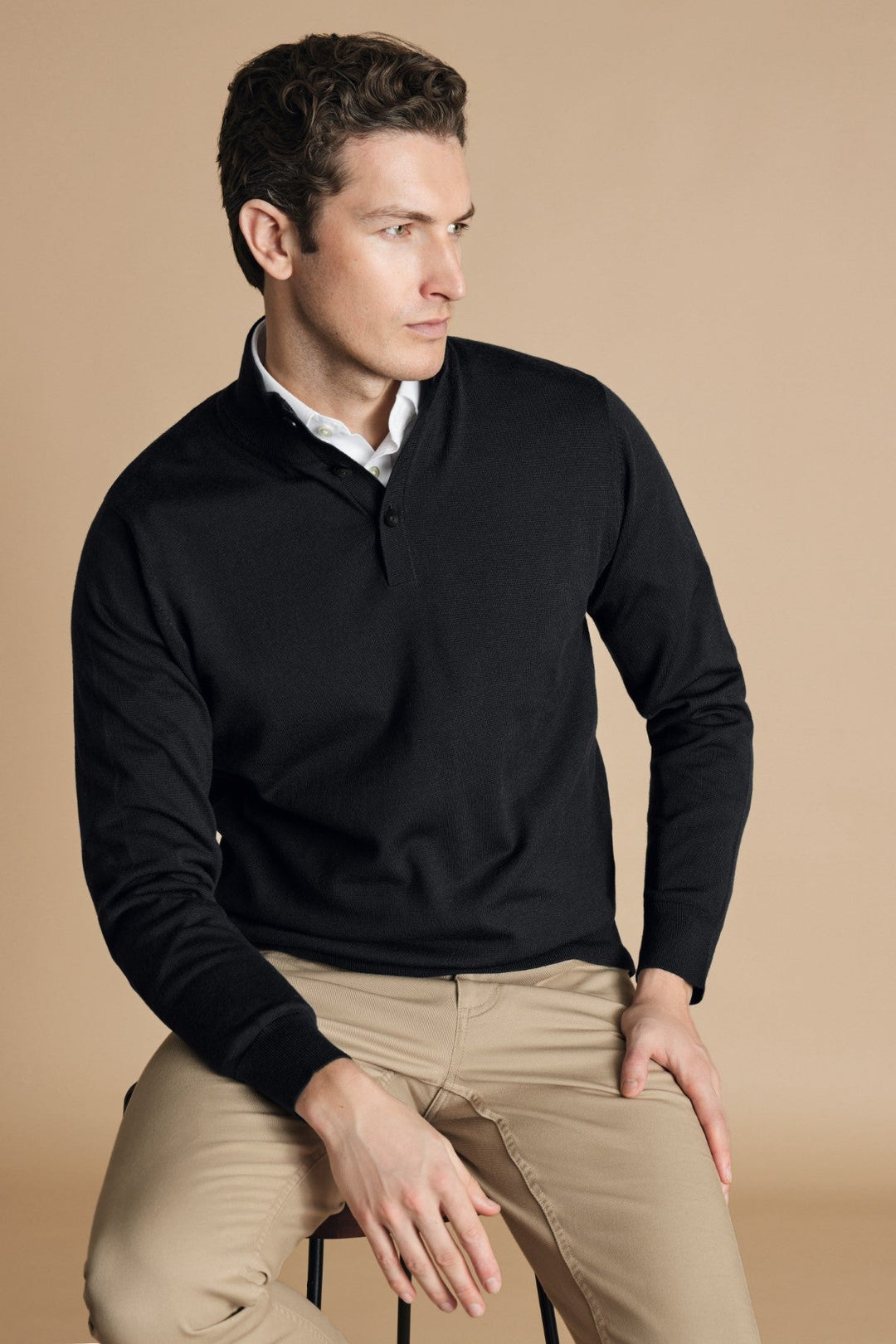 Charcoal Grey Pure Merino Button Neck Jumper