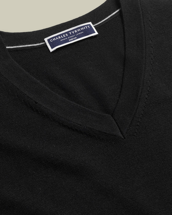 Black Pure Merino V Neck Jumper