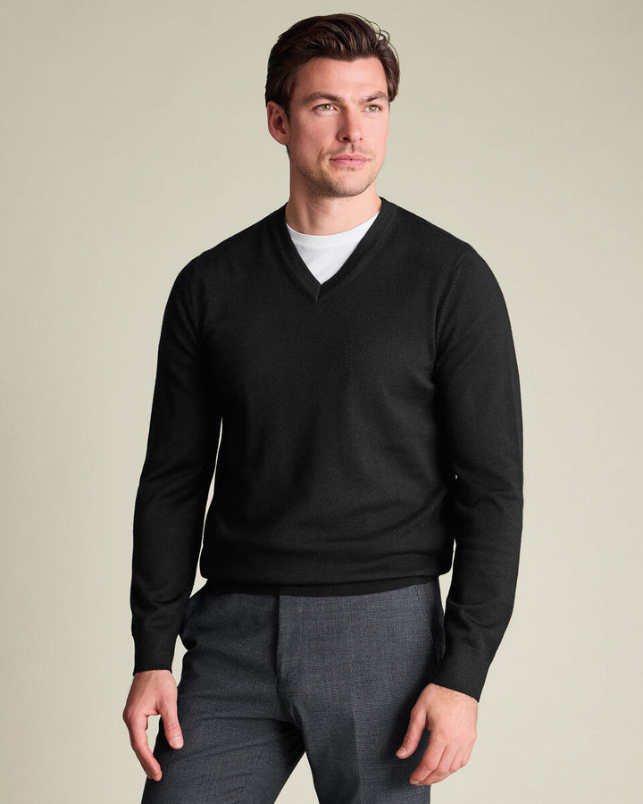 Black Pure Merino V Neck Jumper