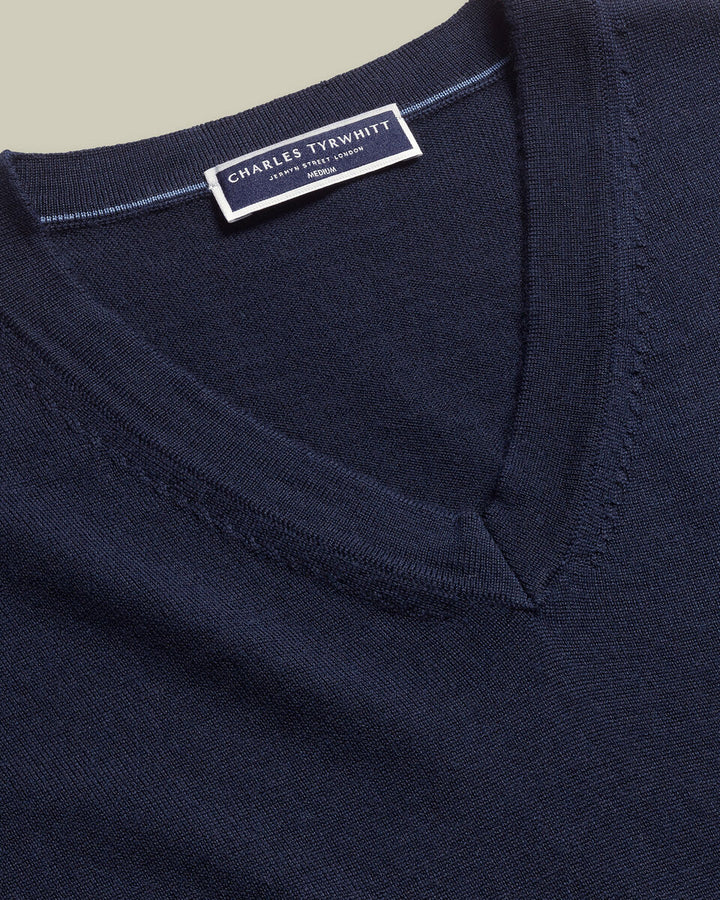 Navy Blue Pure Merino V Neck Jumper