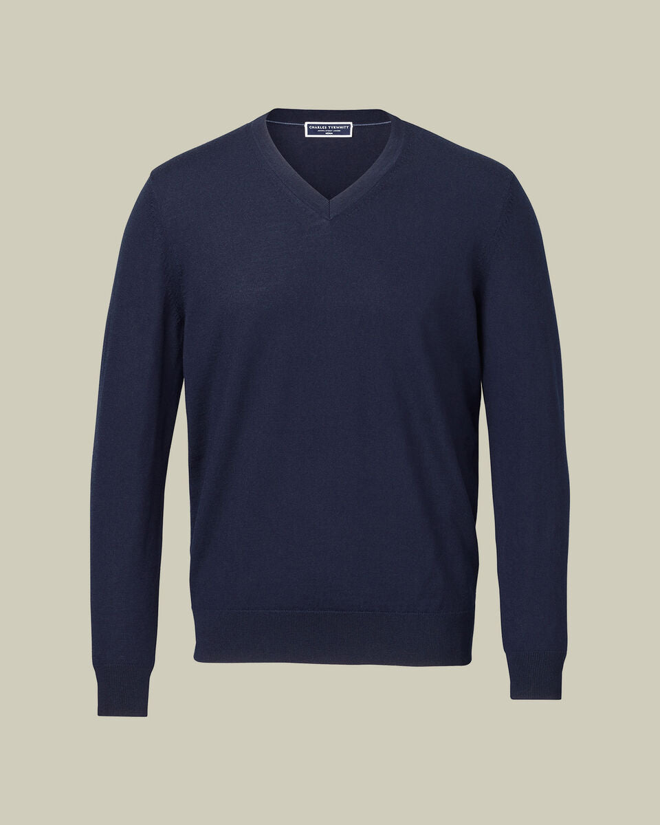 Navy Blue Pure Merino V Neck Jumper