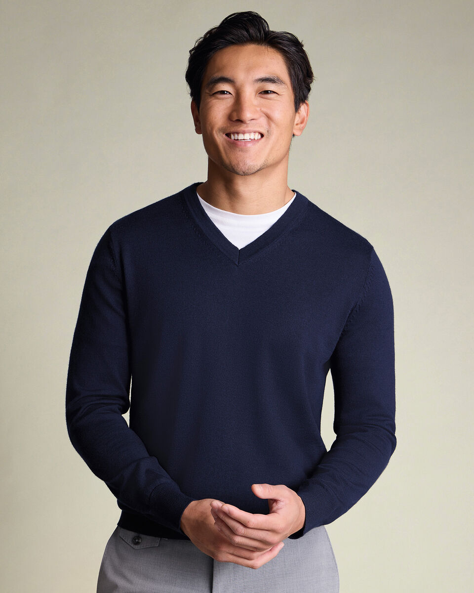 Navy Blue Pure Merino V Neck Jumper