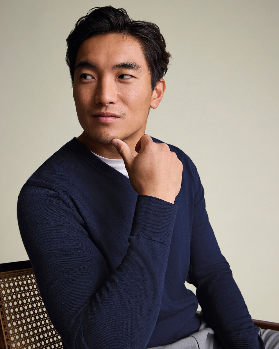 Navy Blue Pure Merino V Neck Jumper